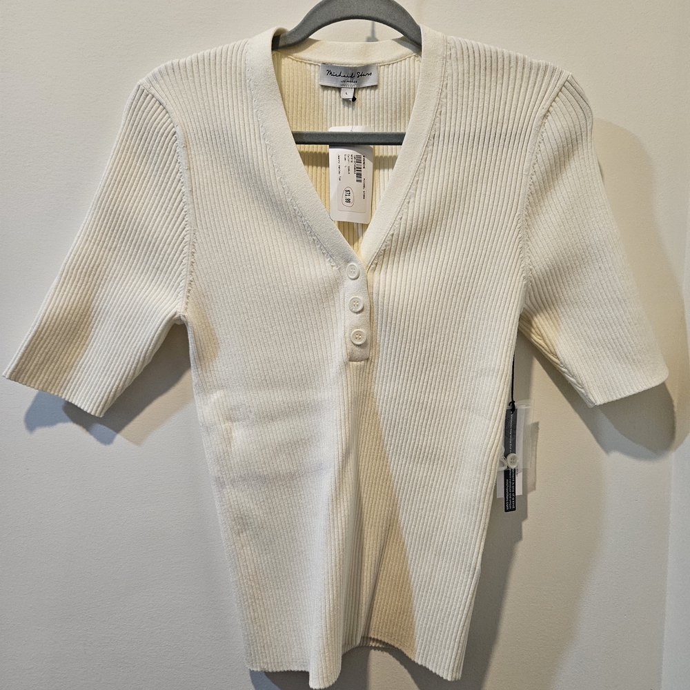 Michael Stars Cream Ribbed Elbow Sleeve V-Neck